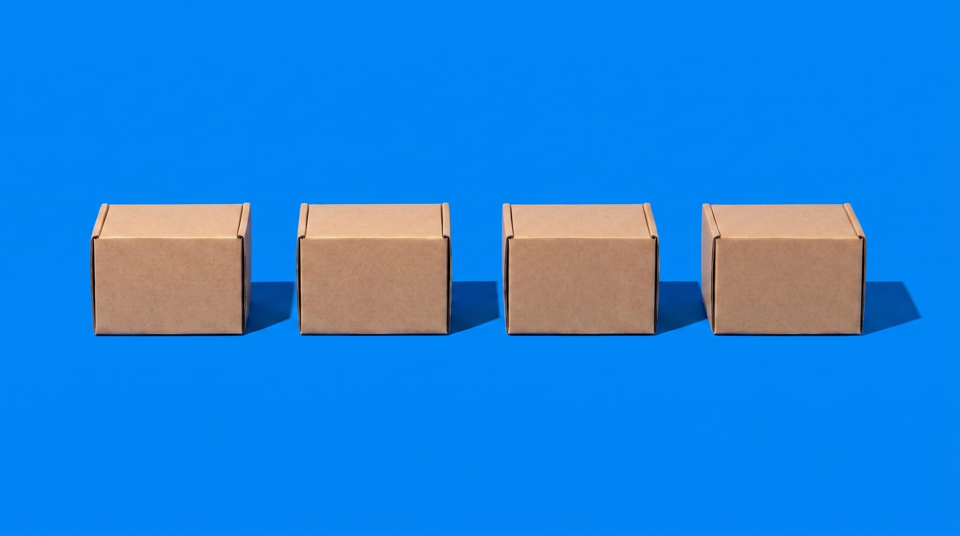 Cuatro cajas iguales alineadas sobre un fondo azul