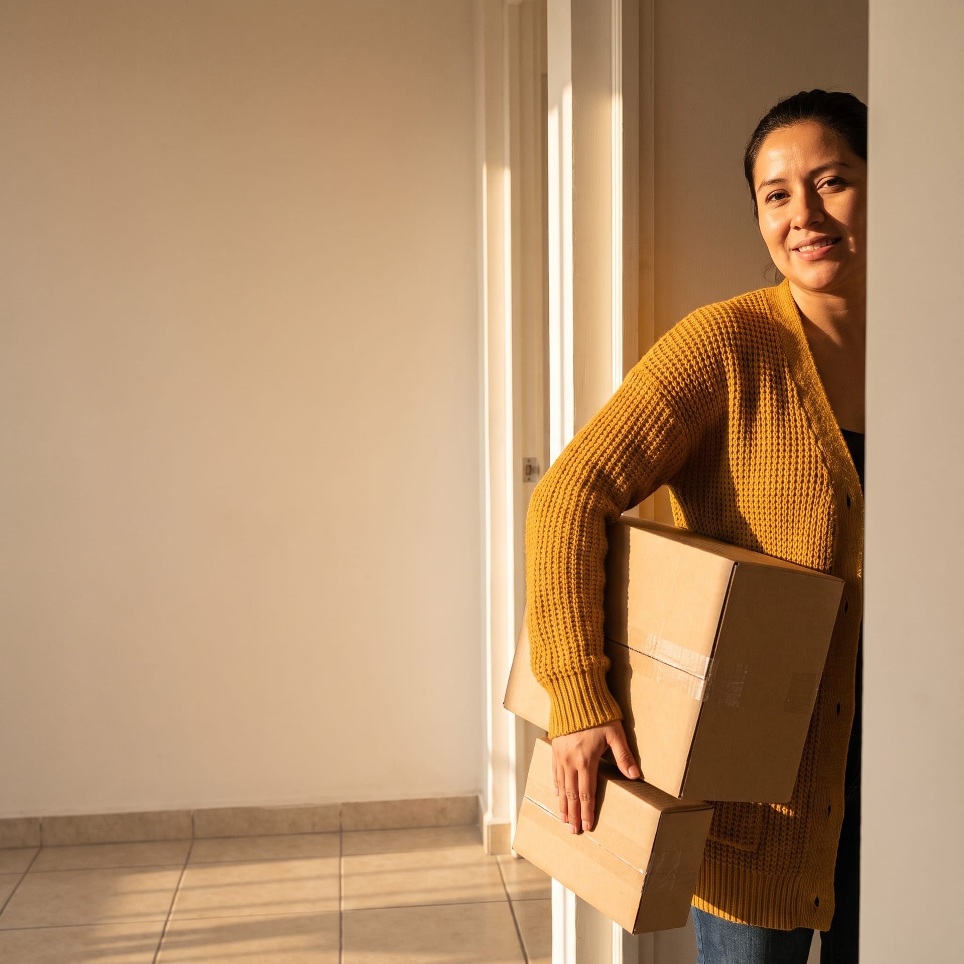 Una mujer recibe dos cajas en la puerta de su departamento