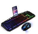 Mouse y Teclado Alámbrico USB con Luz LED para PC Gaming, Teclado Semi Mecánico con Soporte para Celular, Mouse 4 Niveles de dpi, Kit Plug & Play Compatible con Windows
