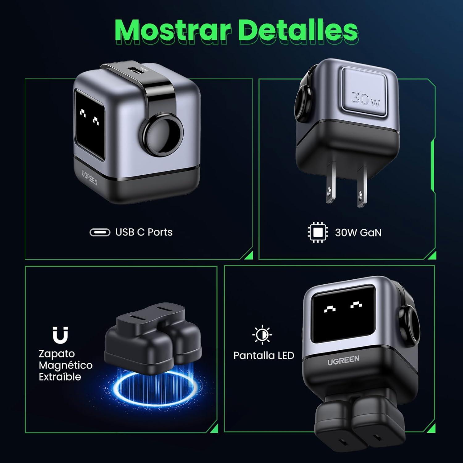 Cargador Ugreen Nexode 30W USB-C Robot Gris Rápido — imagen 4