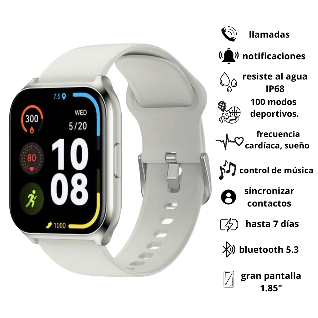 Smartwatch Filwans GTS Mini Plata Pantalla 1.85'' HD, Llamadas Bluetooth, Salud y Fitness, Batería de Larga Duración, IP68 — imagen 2