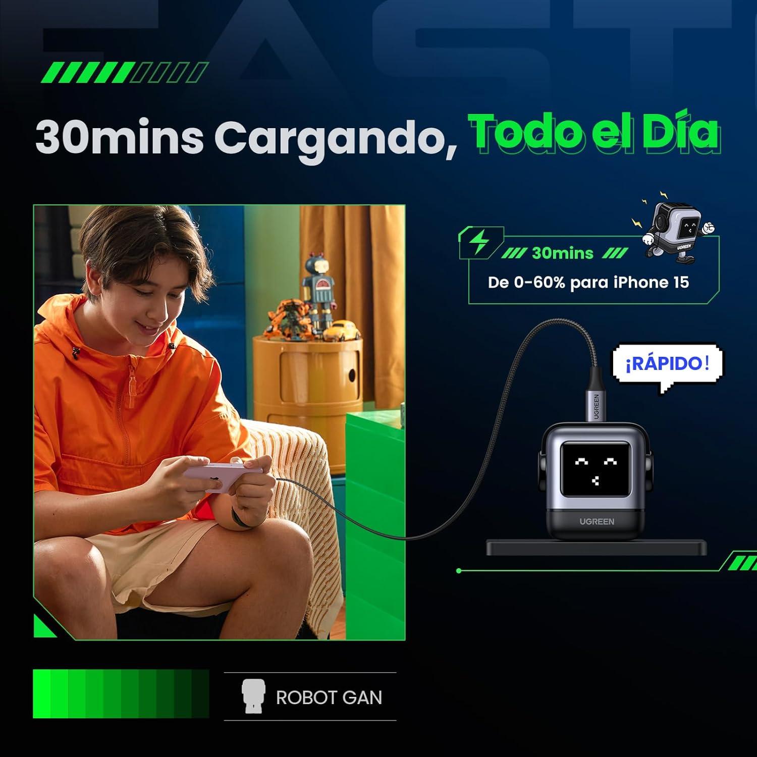Cargador Ugreen Nexode 30W USB-C Robot Gris Rápido — imagen 8